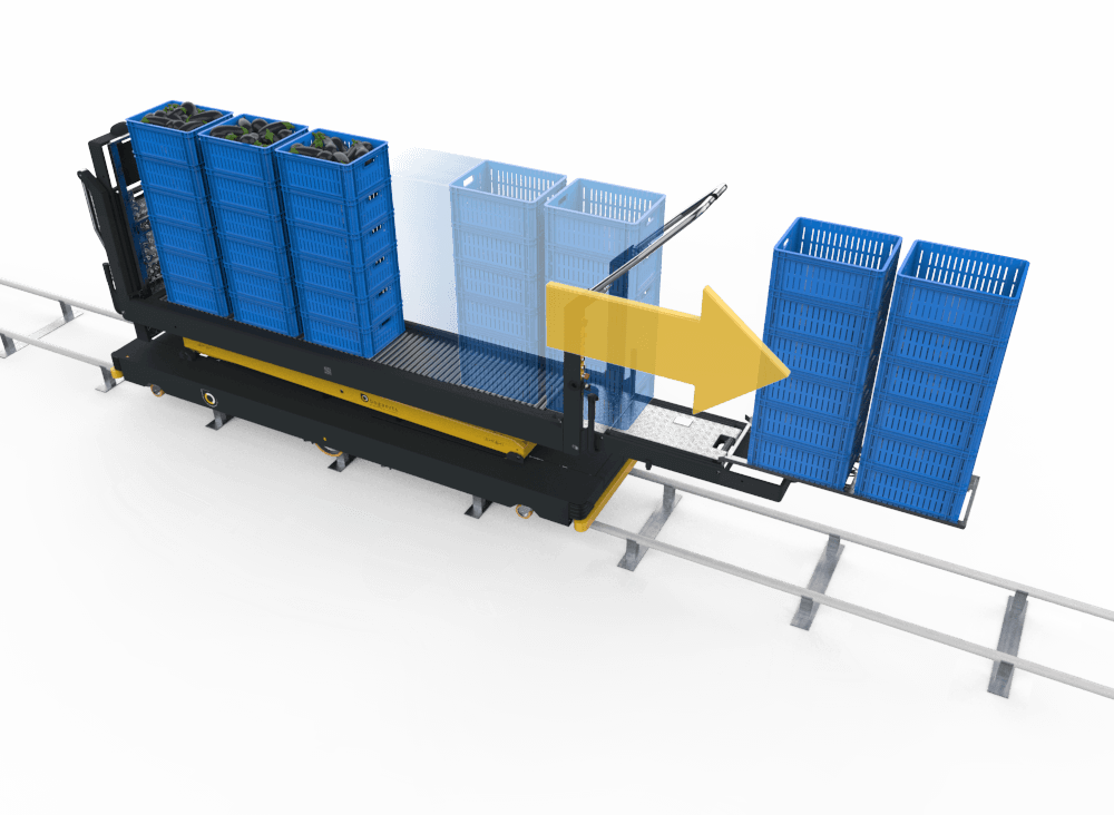 Qii-Drive Fust with efficient work flow by sliding empty crates from the main platform to the empty boxes frame